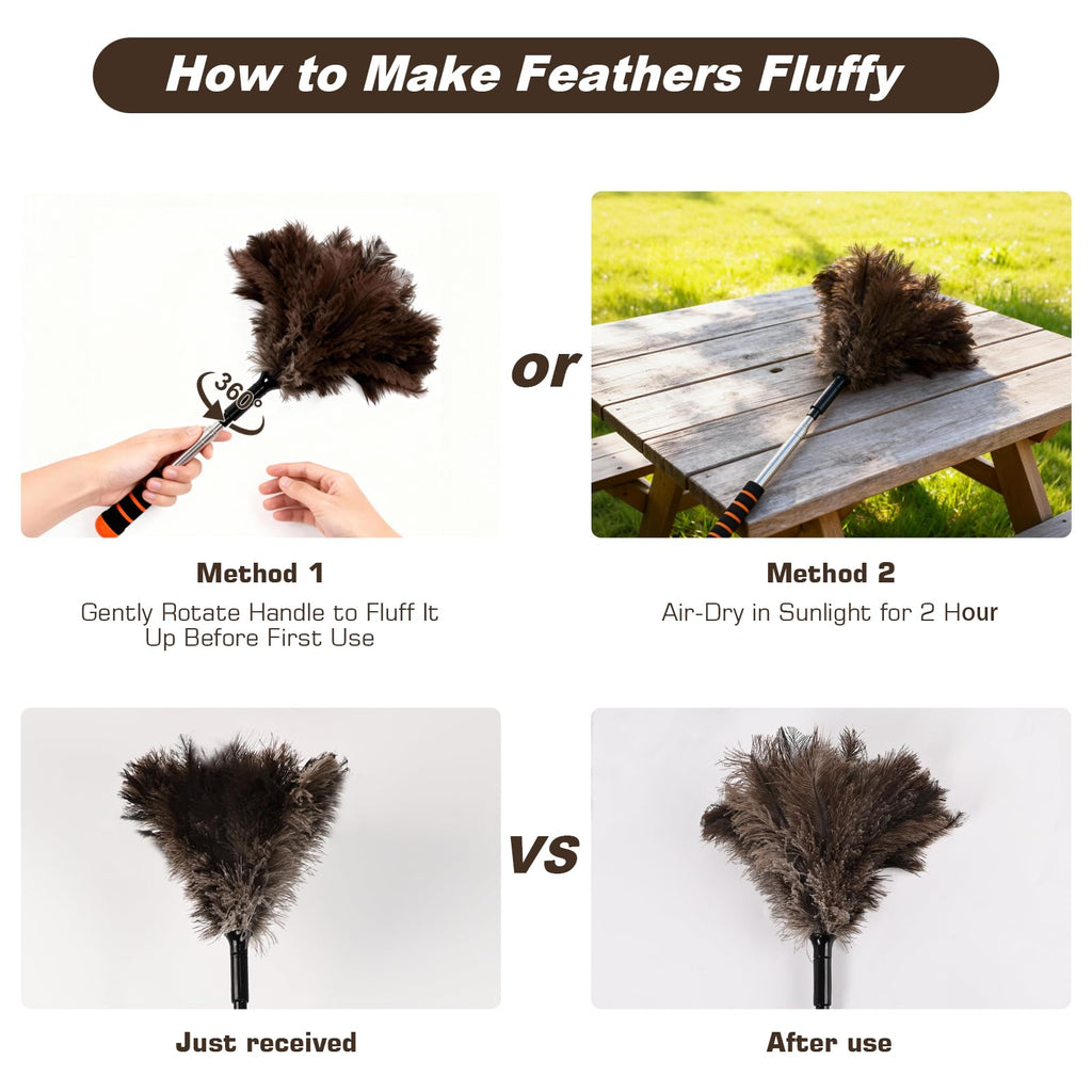 Extendable Ostrich Feather Duster 26-55 Inch, Natural Cleaning Duster with Sponge Grip and Stainless Steel Extension Pole Reusable for High Ceilings, Fans, Blinds, Furniture, Interior & Roof Dusting.