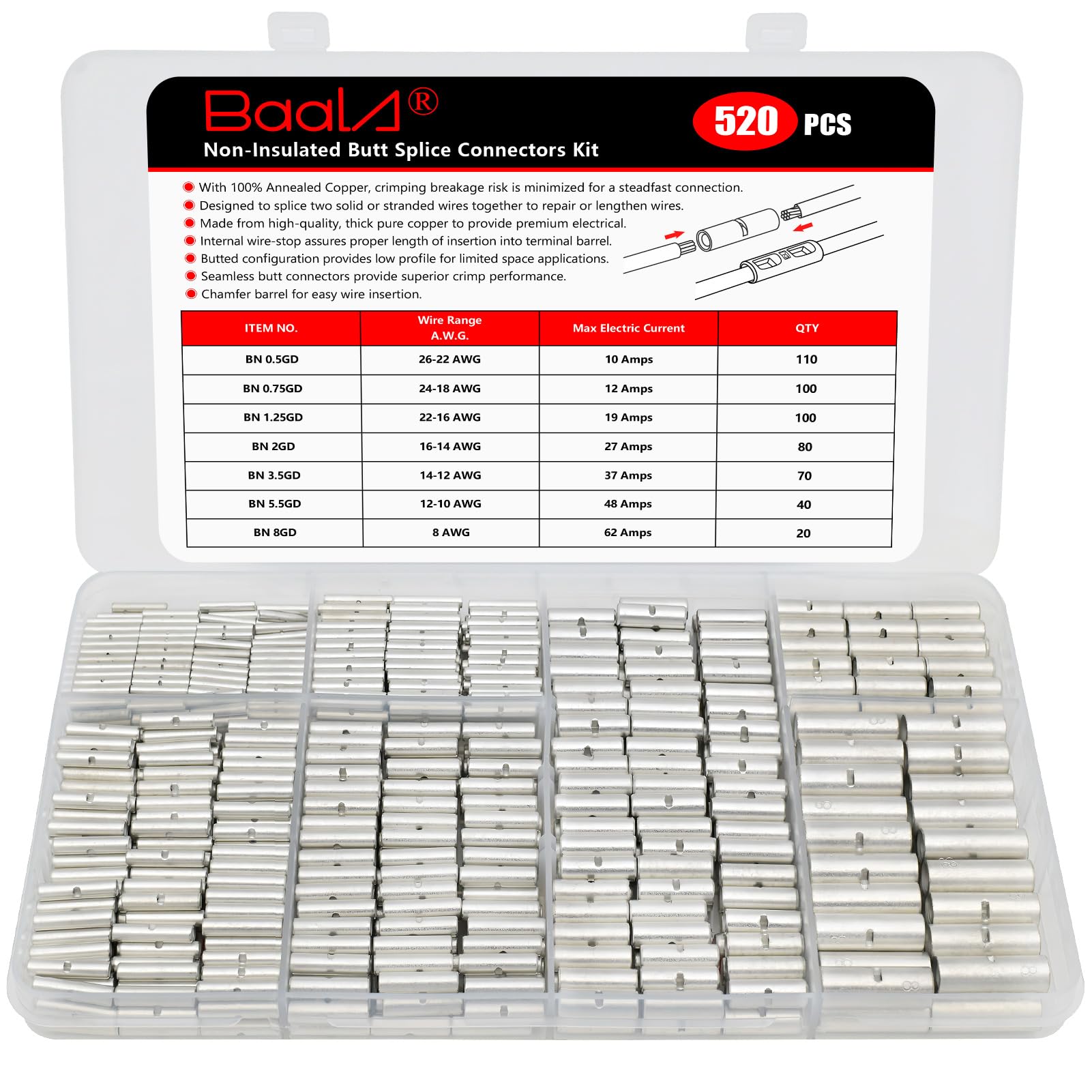 BAALA 520 PCS Non Insulated Butt Connectors Kit,26-8 Gauge Butt Splice Connector Uninsulated Wire Splice Connectors, Tinned Copper Marine Grade Seamless Barrel Crimping Butt Terminals