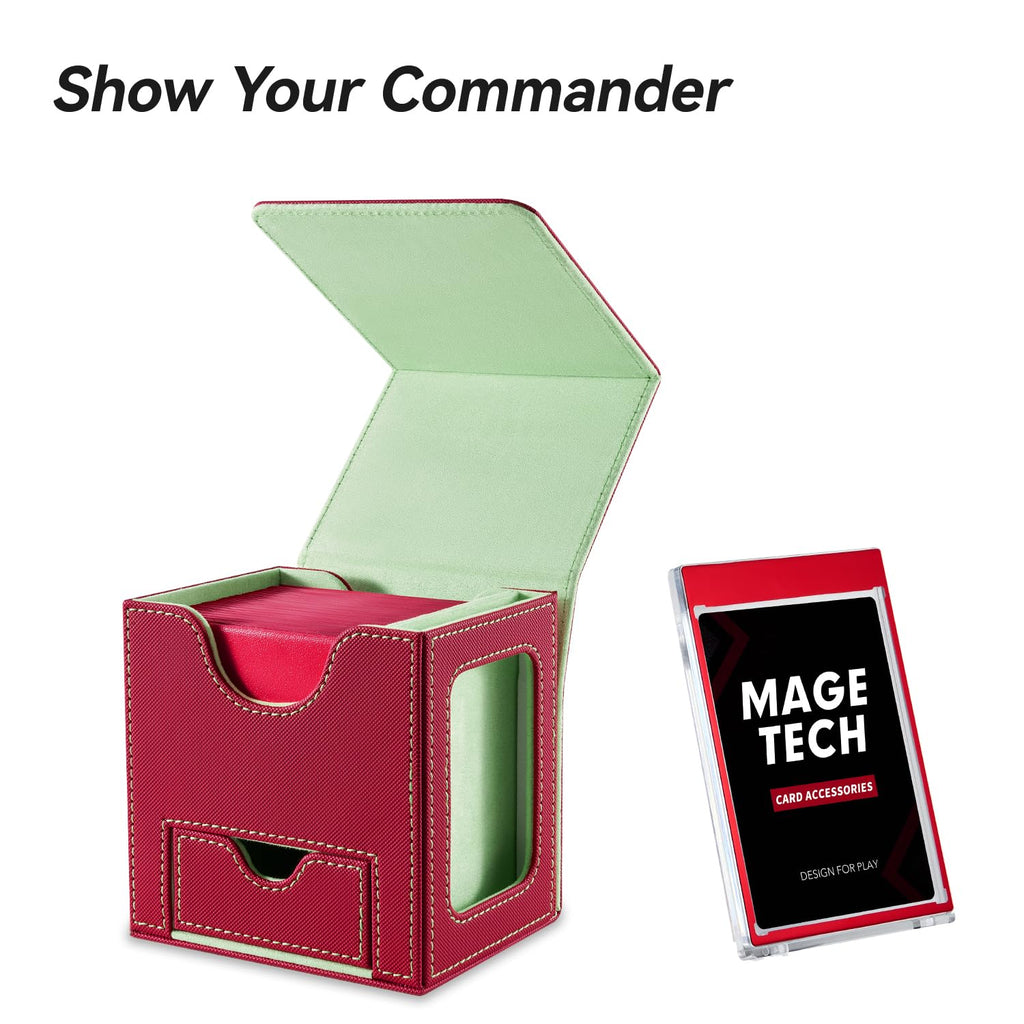 Mage Tech Card Deck Box for MTG Commander - Patented Design, Commander Display, Fits 100 Double-Sleeved Cards, 35pt Card Brick & Dice Tray - Red/Green