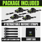 Retractable Ratchet Straps, 4-Pack, 1 Inch x 12 Feet Heavy Duty Tie Downs, 1760lb Break Strength, Self Retracting for Truck, Cargo, Trailer, Motorcycle, ATV, UTV (Black-Green, 4pack)