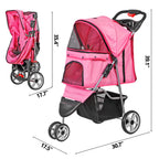 Foldable Pet Stroller for Cats and Dogs 3 Wheels Carrier Strolling Cart with Weather Cover, Storage Basket + Cup Holder (Pink)