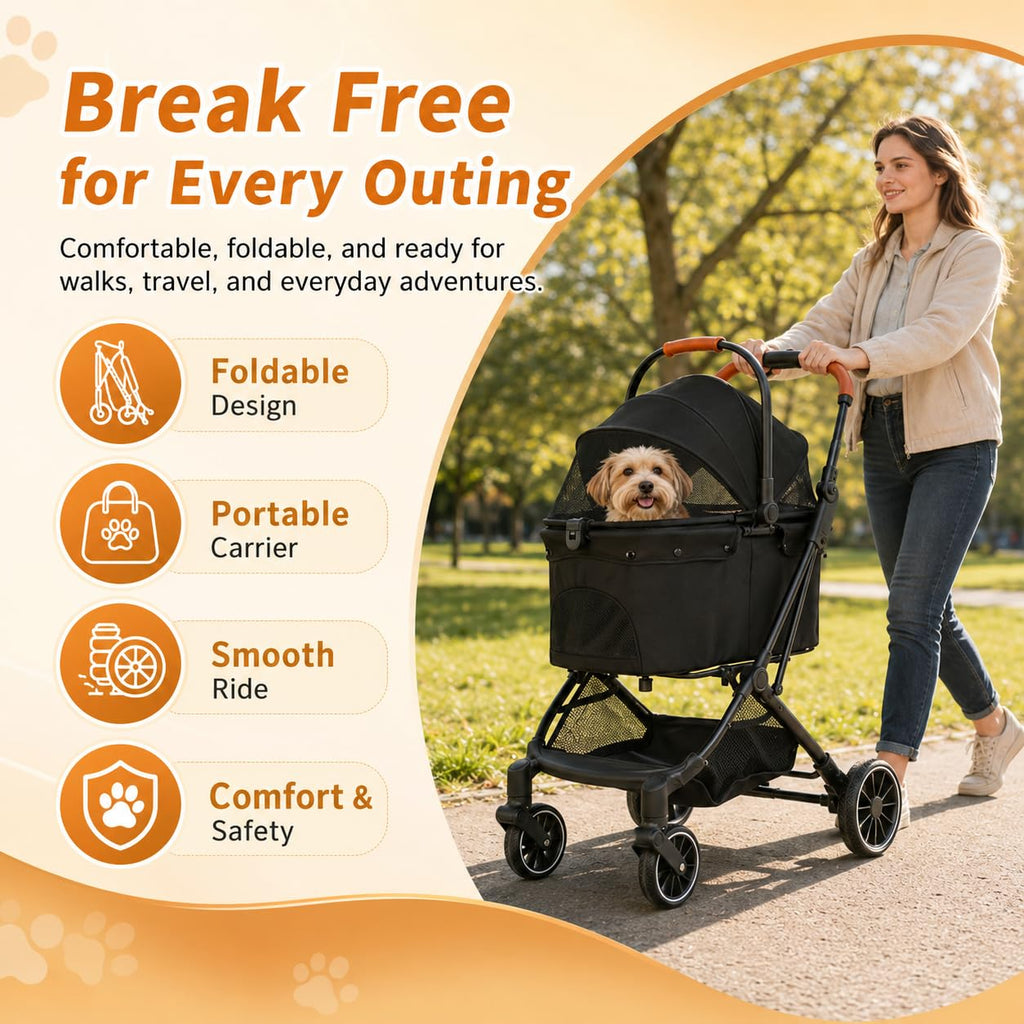 VRHOT Pet Stroller for Small Dogs and Cats, Detachable Dog Cat Stroller with All-Terrain Shock Absorbing Wheels, One-Click Foldable Design, Adjustable Canopy (Gray)