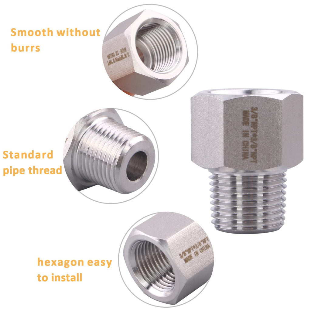 DERPIPE Forged Reducer Adapter Fitting - Stainless Steel 304 Reducing Pipe Connector, 3/8" NPT Female x 3/8" NPT Male (pack of 5)