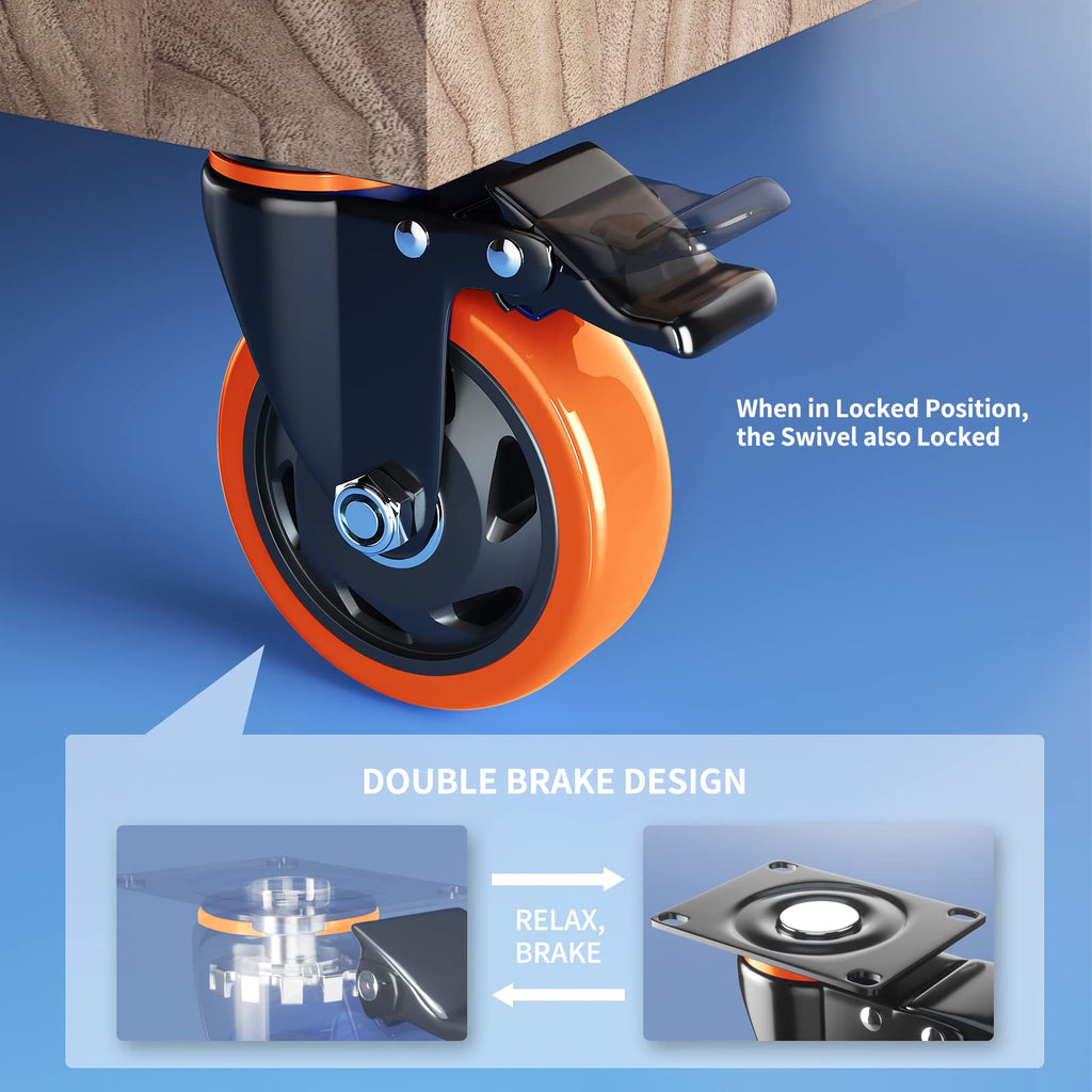 Casters Set of 4 Heavy Duty,5 Inch Caster Wheels with Brakes, Swivel Top Plate Casters No Noise Locking Castor with Polyurethane Wheels for Cart, Furniture,Workbench,Cabinet(Two Hardware Kits Include)