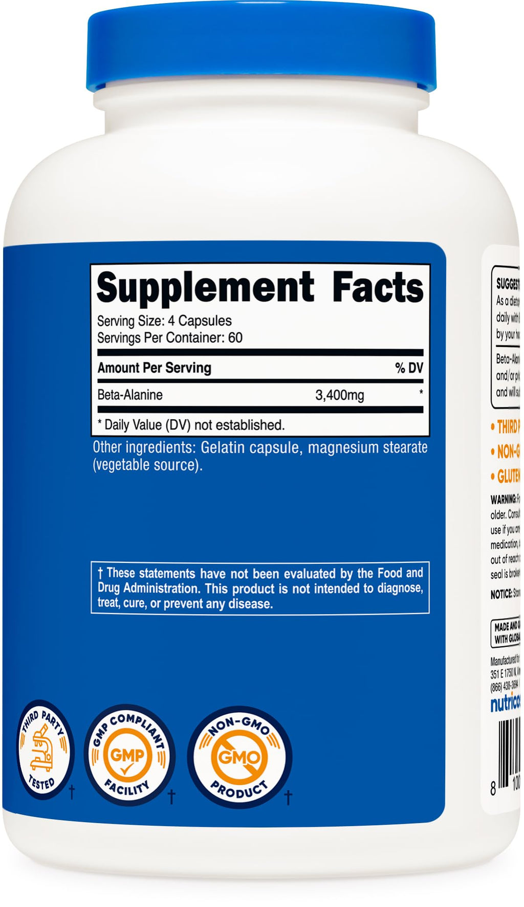 Nutricost Beta-Alanine Capsules 3400mg, 240 Capsules (60 Serv) - Potent Beta Alanine, Gluten Free & Non-GMO, 850mg Per Cap