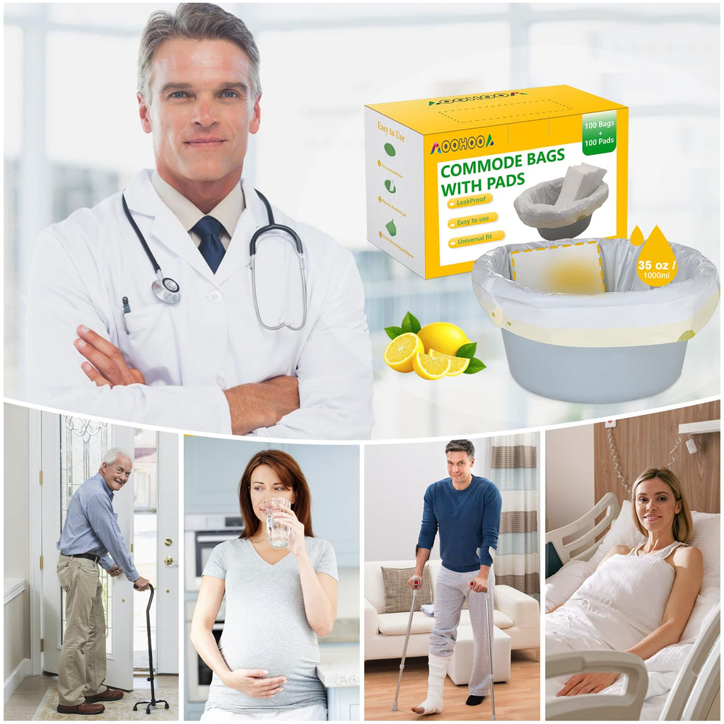 Bedside Commode Liners with Pads | 100 Commode Bags+100 Absorbent Pads | Leak-Guard | Rapid Absorption | Lemon Scented | Bedpan | Bedside Commode | Camping Toilet