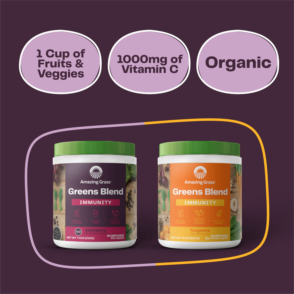 Amazing Grass Greens Blend Superfood Immunity, Super Greens Powder Smoothie Mix for Immune Support, Spirulina, Chlorella, Beet Root, Probiotics, Elderberry, 30 Servings, 7.4 Ounce (Packaging May Vary)