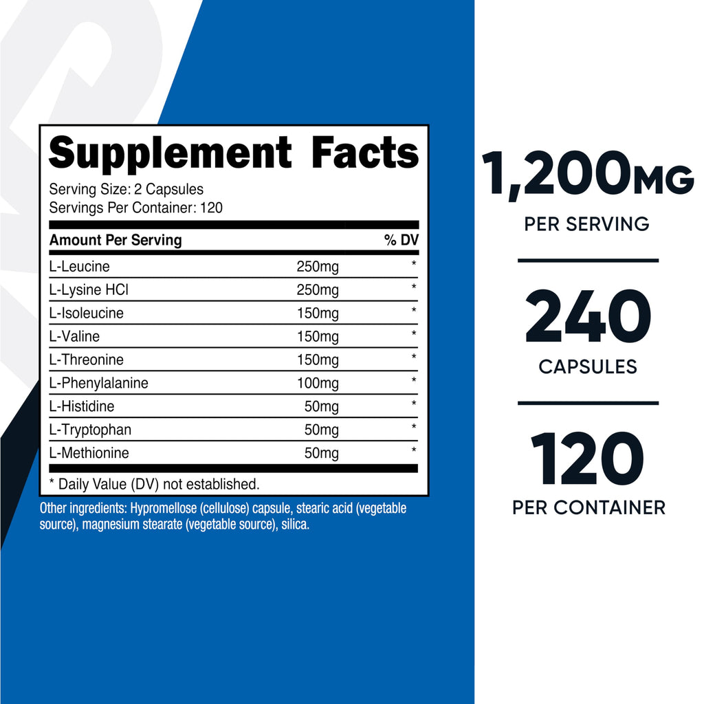 Nutricost EAA Capsules 1200mg, 240 Capsules - Essential Amino Acids, 120 Servings - Non-GMO, Gluten Free & Vegan