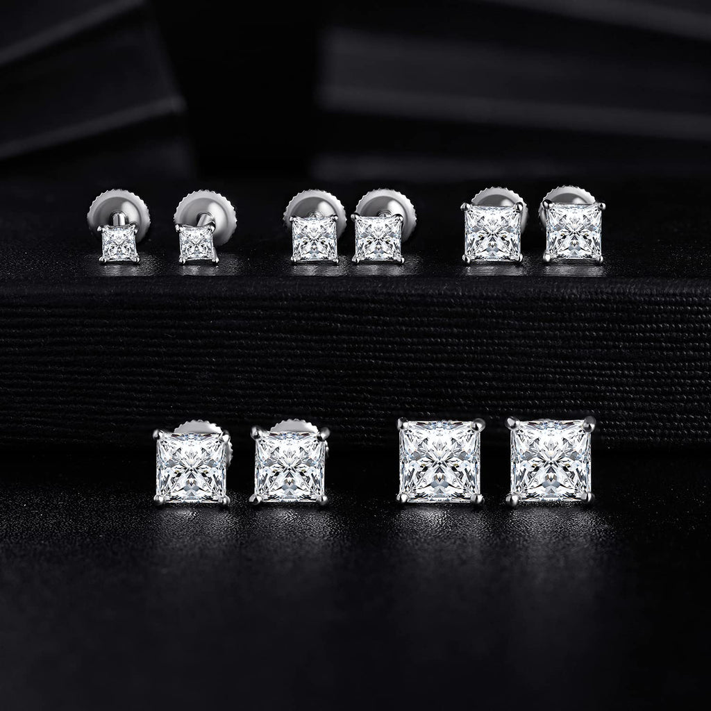 18K White Gold Plated Princess Cut Cubic Zirconia Screw Back Stud Earring Pack of 5 Pairs (5 Pairs)