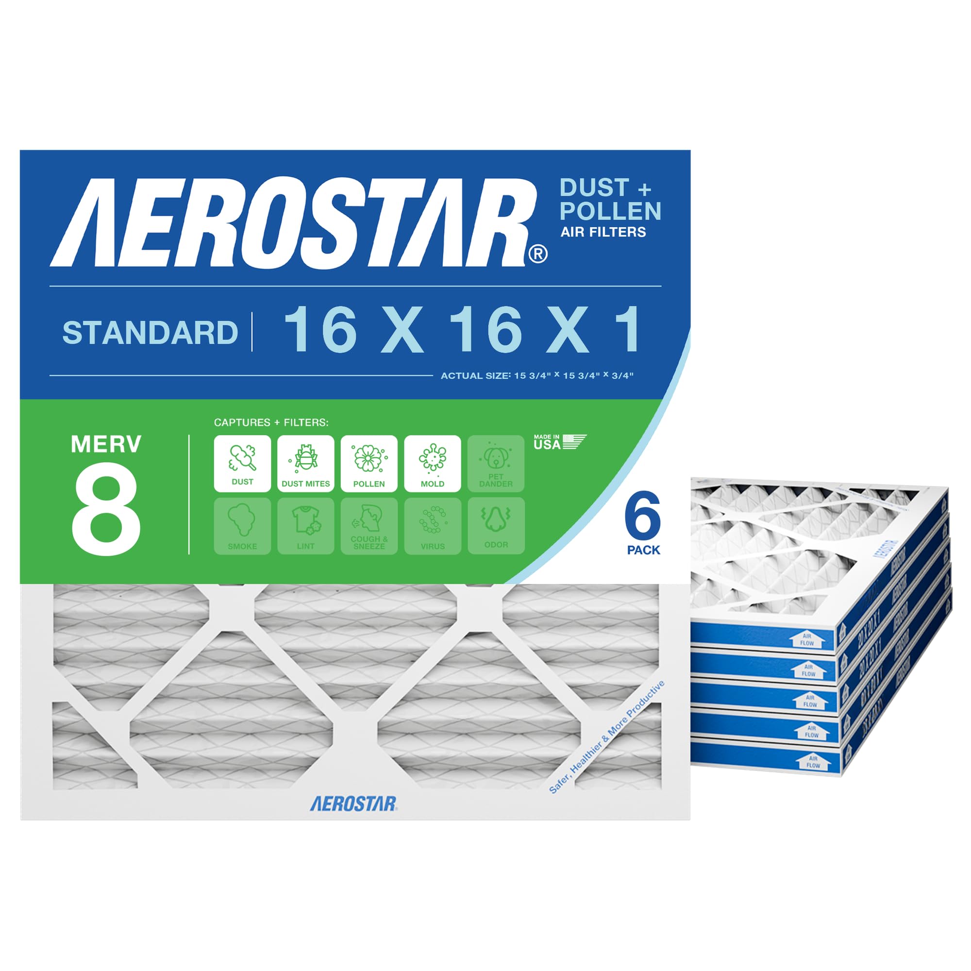Aerostar 16x16x1 MERV 8 - 6 Count - Pleated HVAC, Furnace & Air Conditioner Filters - Removes Dust, Lint, Mold & Allergy-Causing Pollen