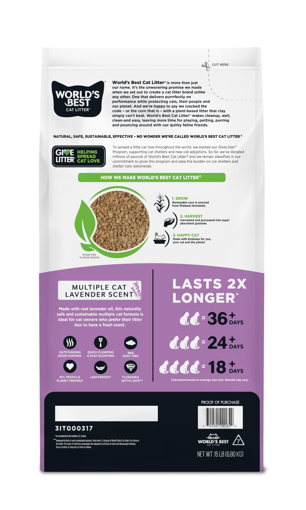 World's Best Cat Litter Lavender, Long-Lasting Odor Control, 15 lb Bag