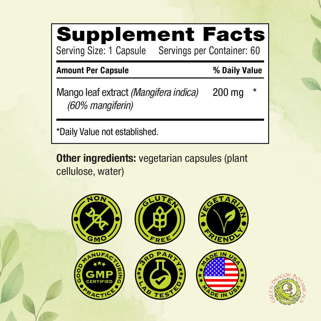 MangoForte™ Mango Leaf Supplements 200 mg 60 Capsules Made in USA (60% Mangiferin) Natural Mangiferin Extract Capsules Immune Support Supplement Made from Premium Mango Leaves