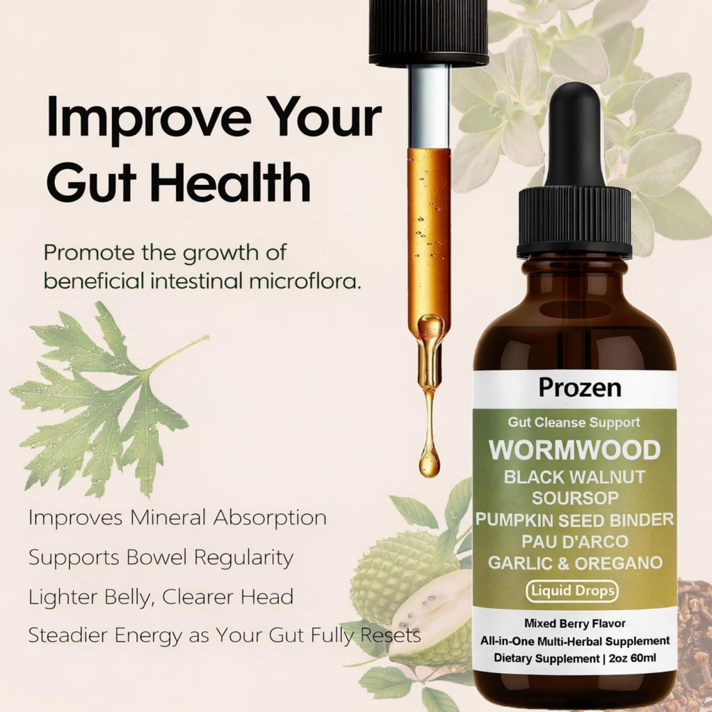 Prozen Wormwood Gut Cleanse Liquid Drops, Wormwood Black Walnut Clove Gut Cleanser for Adults with Soursop, Pumpkin Seed, PAU D'Arco, Garlic Oregano, Boosts Energy, Gut Health & Absorption, 2Oz (1)