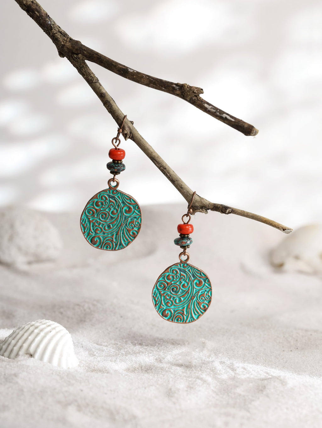 MINACHI Bohemian Engraved Circle Disc Dangle Drop Earrings with Bead Accents, Boho Hippe Jewelry Gift for Women