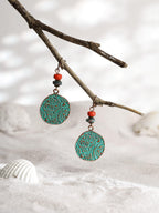 MINACHI Bohemian Engraved Circle Disc Dangle Drop Earrings with Bead Accents, Boho Hippe Jewelry Gift for Women