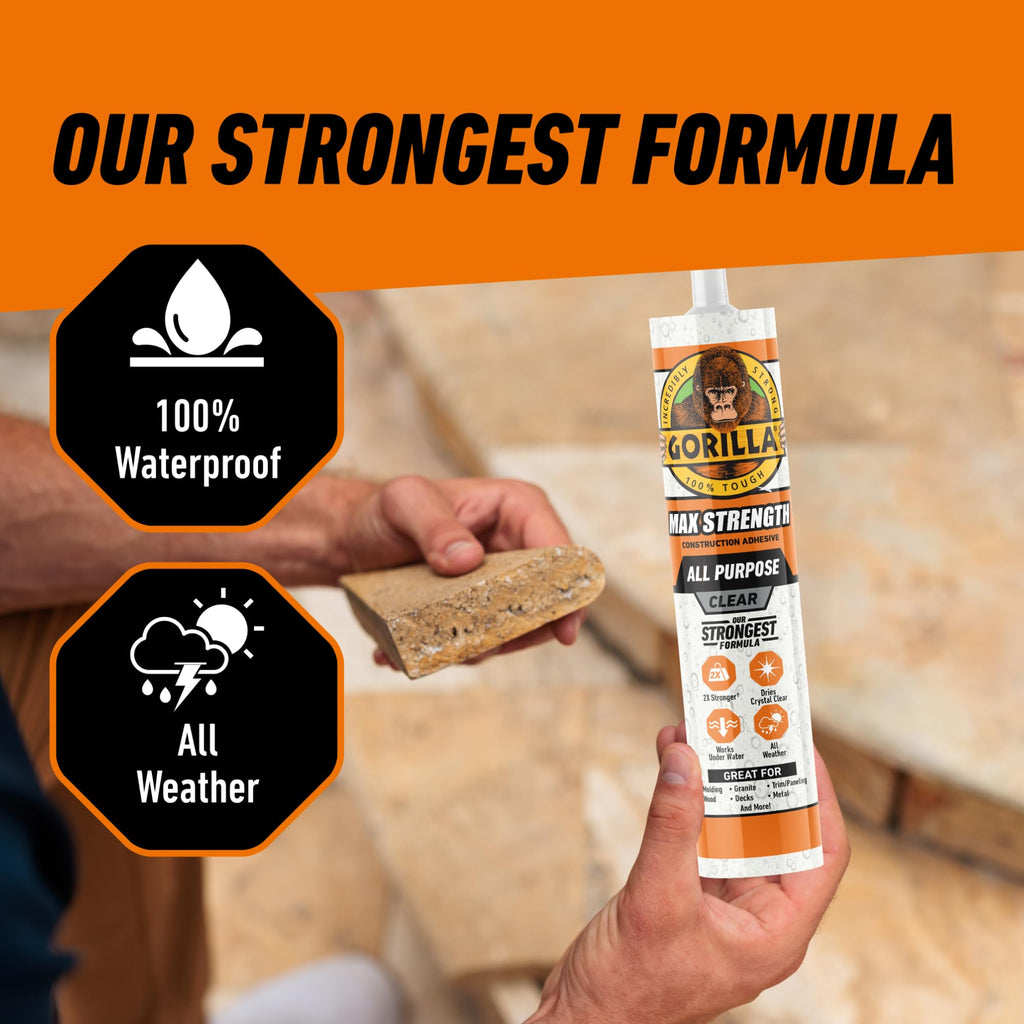 Gorilla Max Strength Construction Adhesive, Clear, 9 oz Cartridge