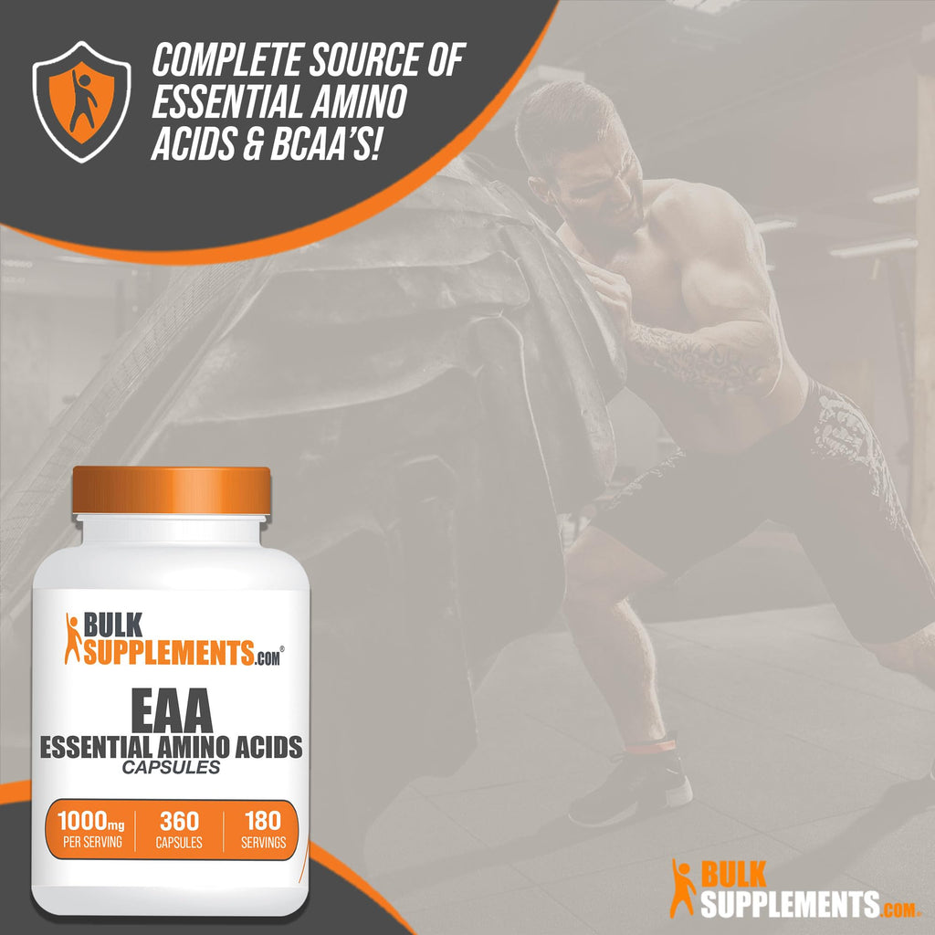 BulkSupplements.com Essential Amino Acids Capsules - EAA Capsules, Essential Amino Acids Supplement, EAAs Amino Acids - EAA Supplements, 2 Capsules per Serving, 180-Day Supply, 360 Capsules