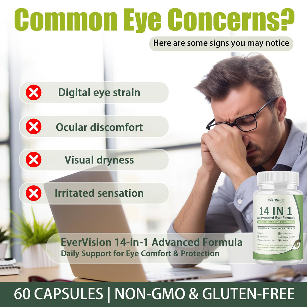 EVERVISION 14 in 1 Advanced Eye Formula, Eye Vitamin and Mineral Supplement with Zinc, Lutein, Zeaxanthin & Bilberry Extract, 60ct