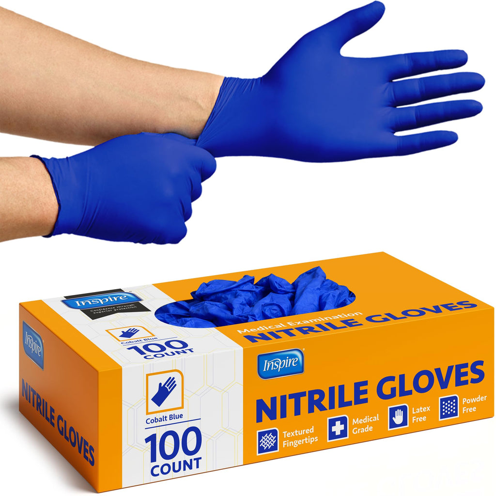 Inspire Cobalt Blue Nitrile Disposable Gloves | 4.5 Nitrile Safety Medical Exam Cooking Cleaning Disposable Gloves (Blue - Box of 100, Large)