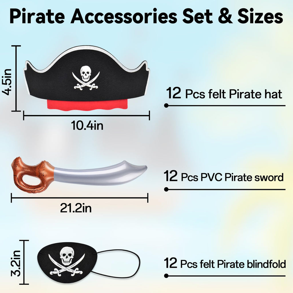 ZeeDix 36Pcs Pirate Accessories for Kids, 12 Hats 12 Patches 12 Swords Set