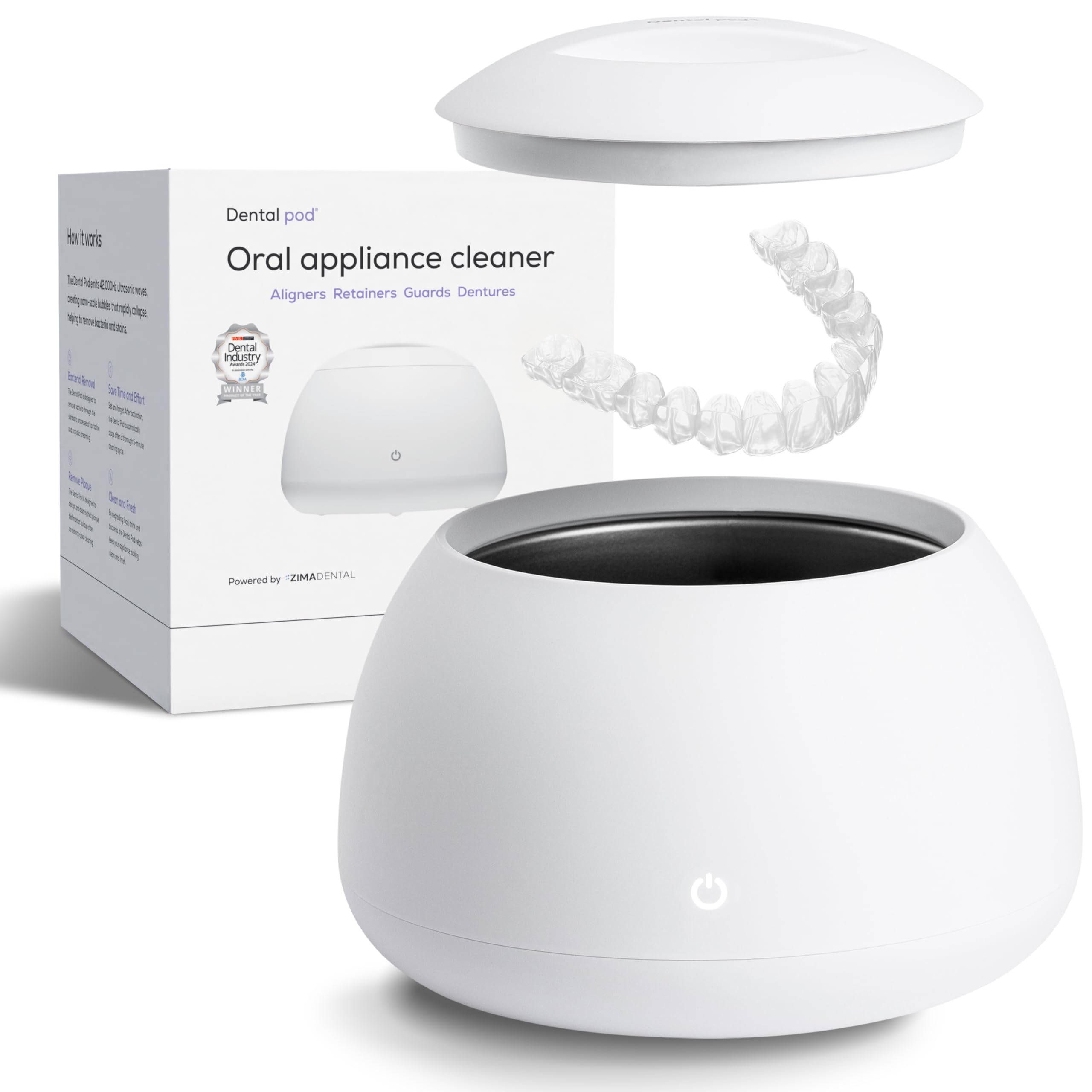 Zima Dental Pod | Arctic White | Ultrasonic Retainer Cleaner Machine | Aligner, Nightguard, Mouth Guard, Denture Cleaner | Oral Dental Care FSA HSA Approved