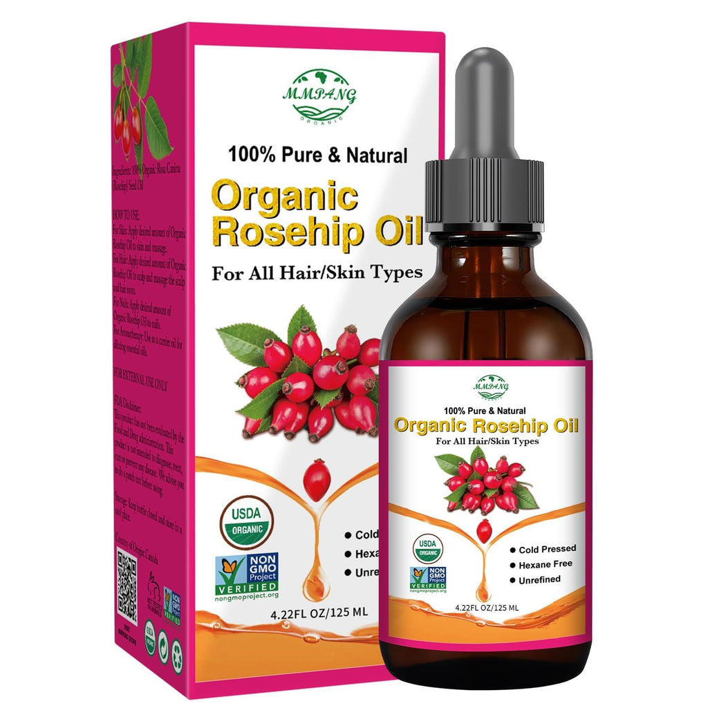 MMPANG 100% Pure Natural Rosehip Oil for Face, USDA Certified Organic, Cold Pressed, Extra Virgin, Hexane Free Rosehip Seed Oil for Anti-Aging, Acne Scar Treatment, Skin & Hair Care (4.22 oz/125 ml)