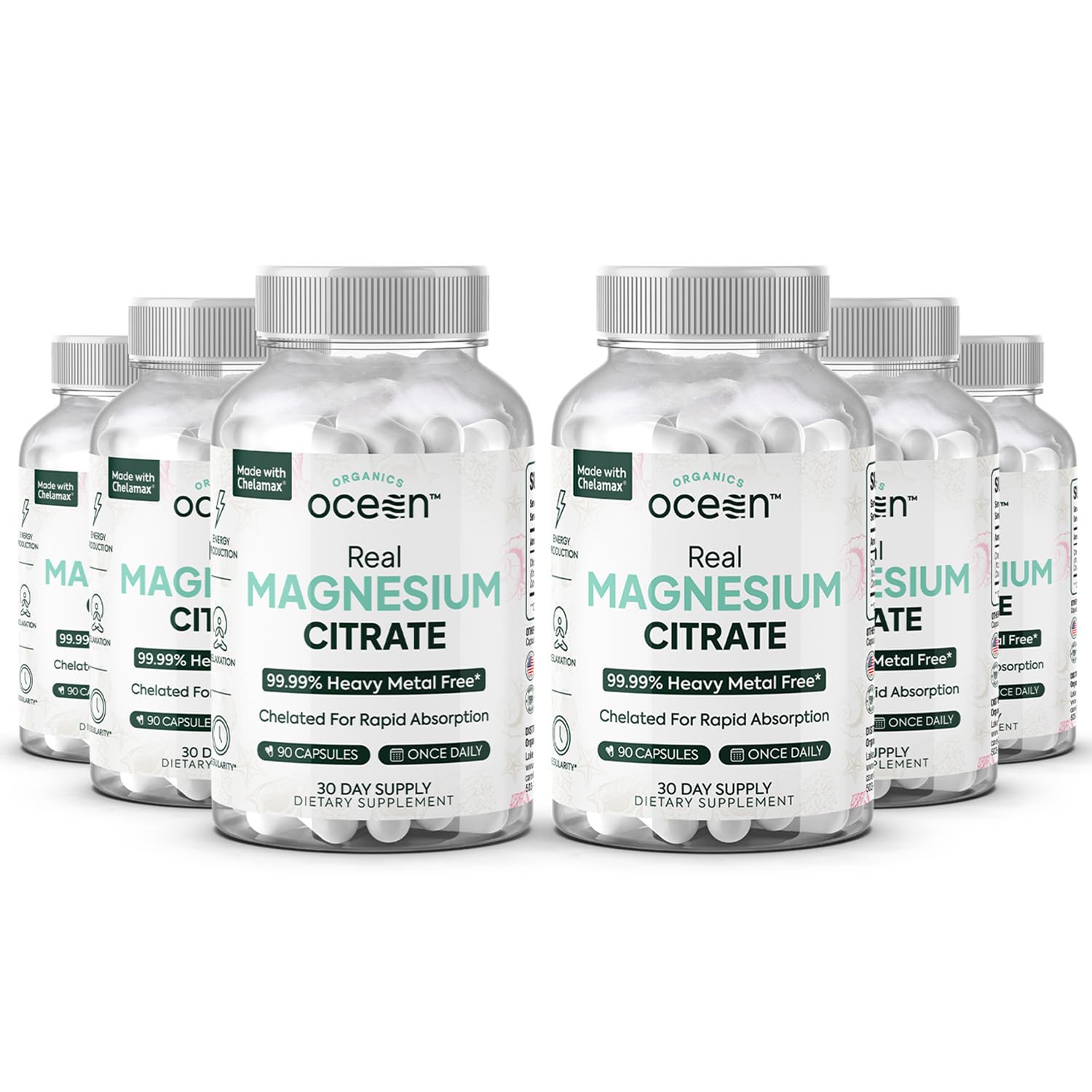 Organics Ocean Real Magnesium Citrate - High Absorption Magnesium Supplement - Chelated Magnesium to Support Energy, Relaxation, and Regularity - 6 Pack Bulk Supply