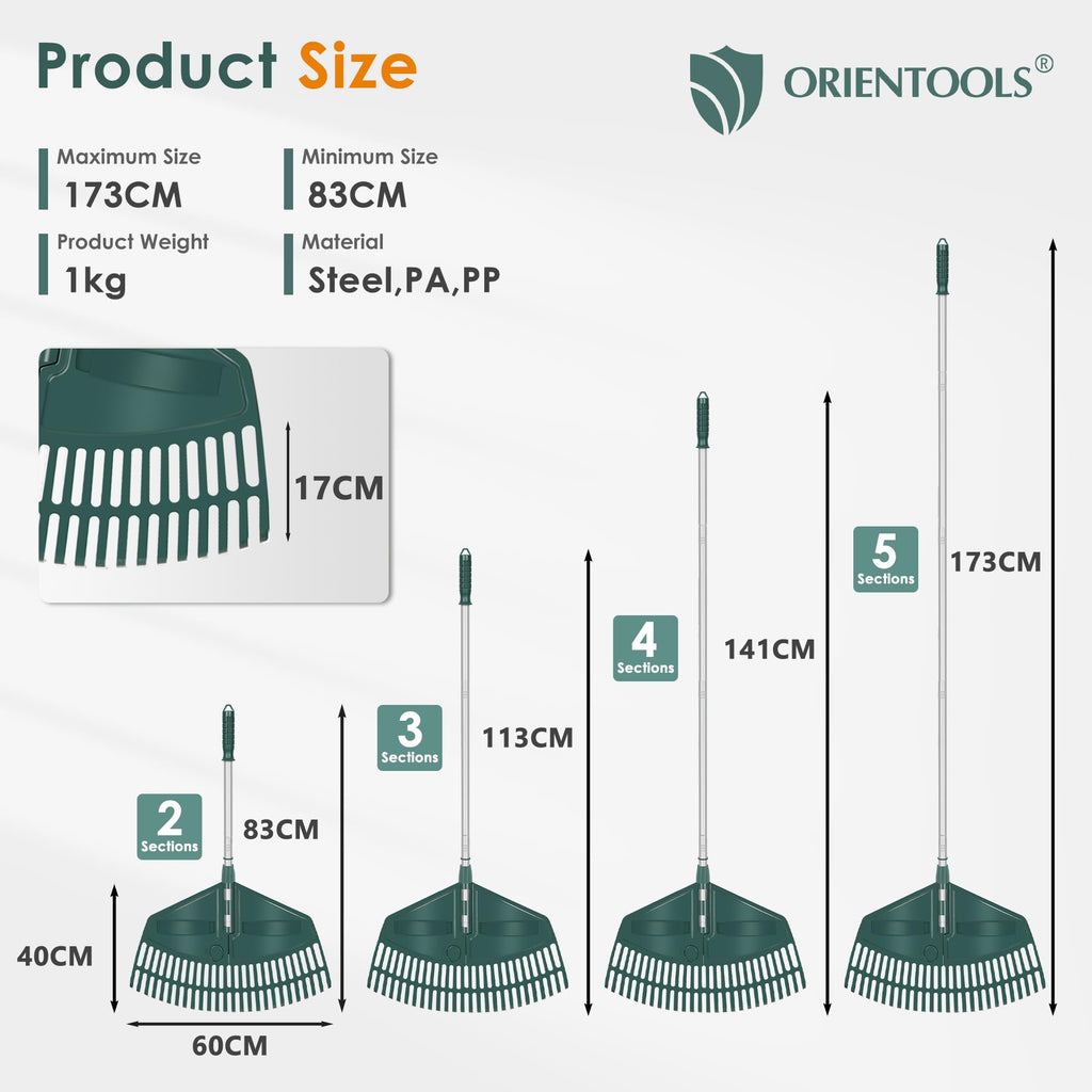 ORIENTOOLS 69" Adjustable Leaf Rake with 5-Section Handle, 26-Tine Durable Plastic Head, Dual-Use Design Converts to Leaf Scoops, Lightweight Yard Rake for Lawns, Grass, Shrubs & Garden (Foldable)