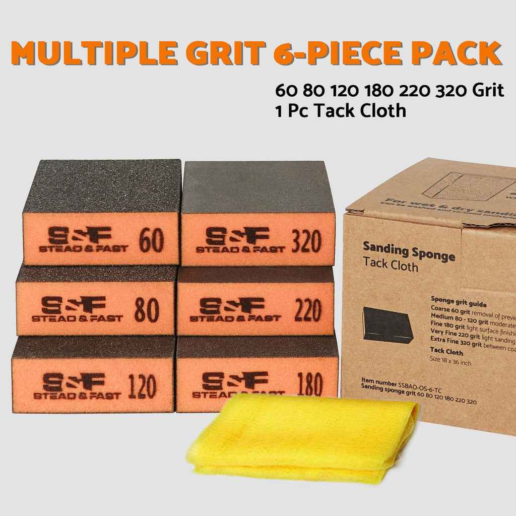 S&F STEAD & FAST Sanding Sponge 60 80 120 180 220 320 Grit 6 Pc, Tack Cloth