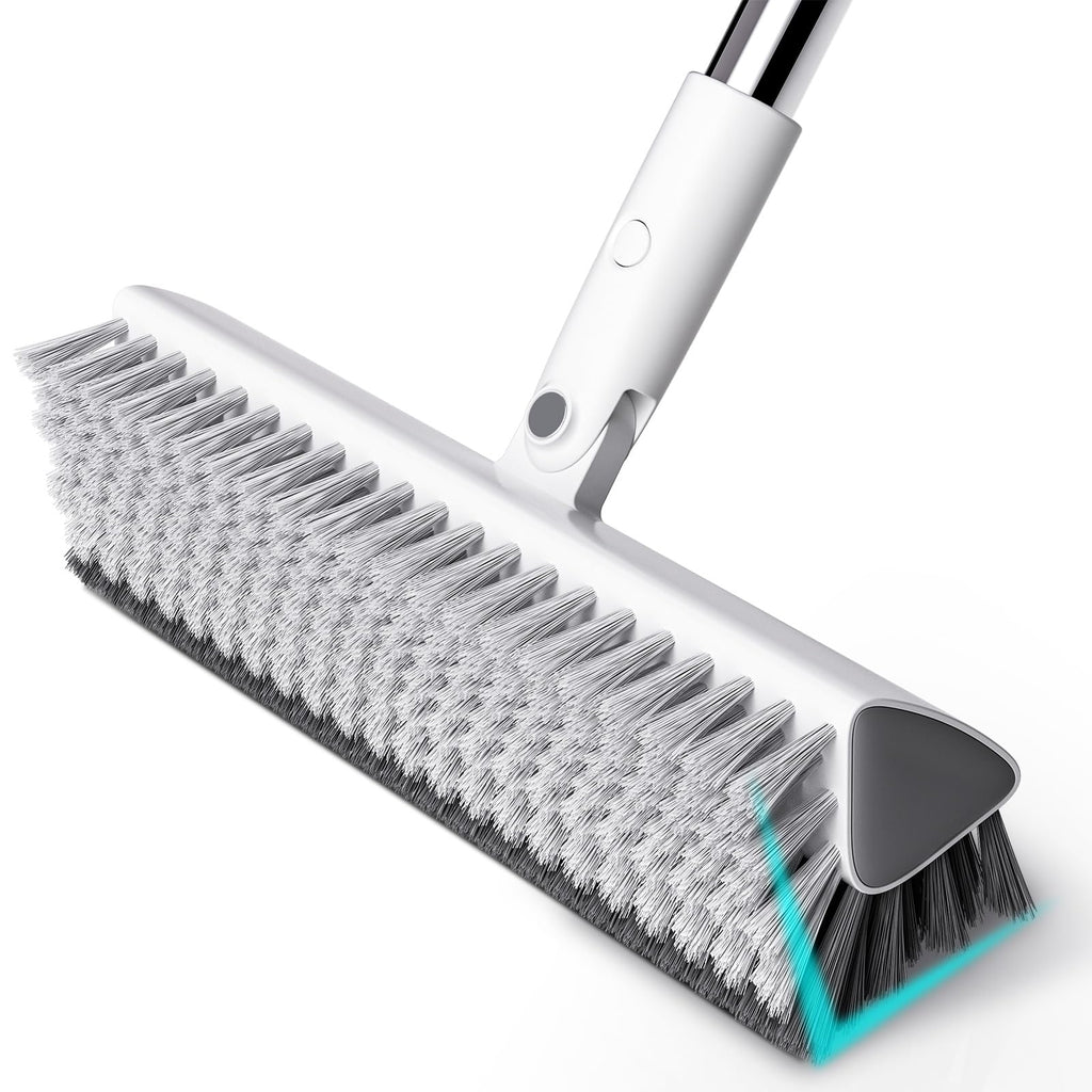 Floor Scrub Brush with Long Handle, Heavy-Duty Stiff Bristles, V-Shape Floor Scrubber Brush for Tile, Concrete & Grout Lines, Stand-Up Cleaning for Garage, Bathroom, Deck & Patio