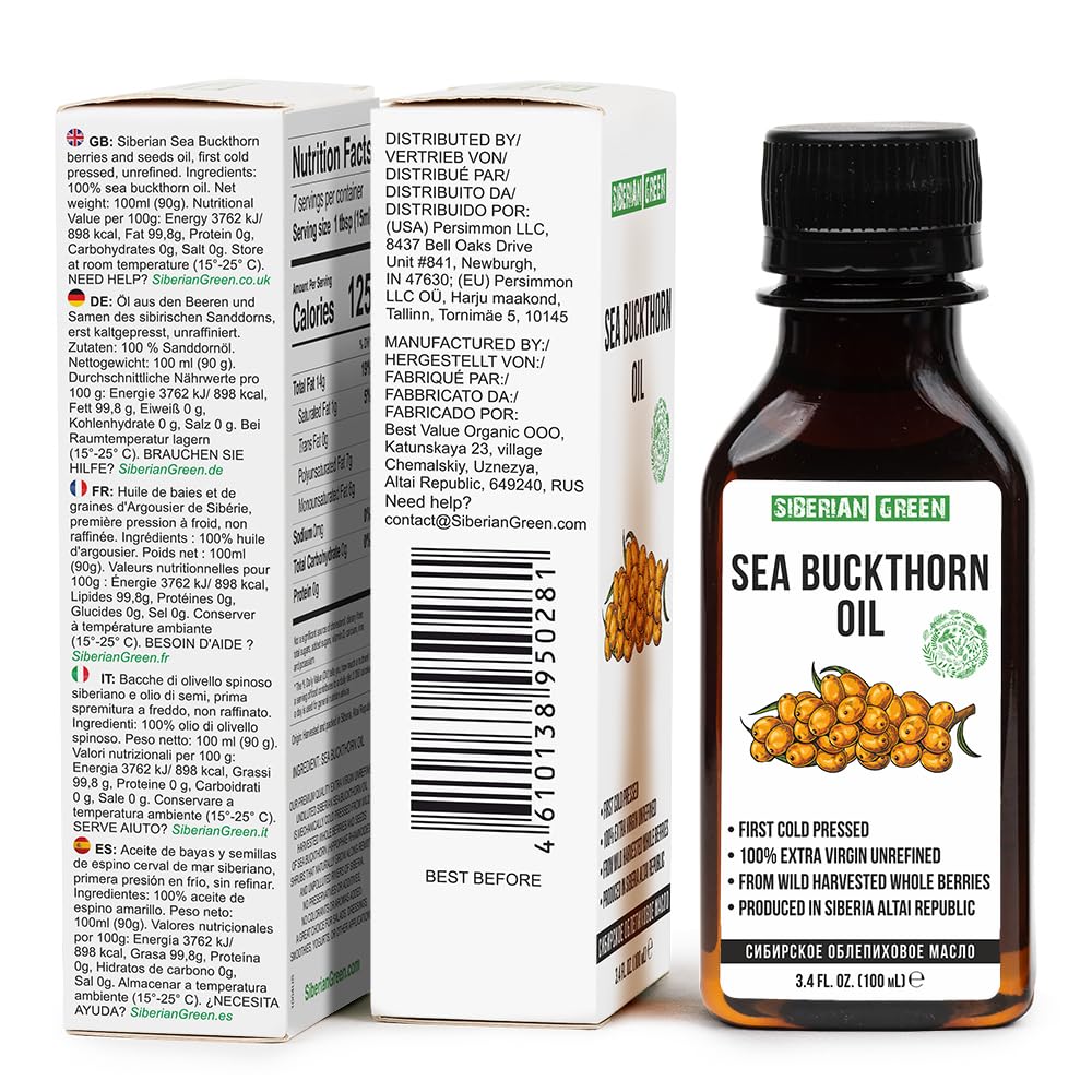 Siberian Sea Buckthorn Oil | 100% Natural Extra Virgin Cold Pressed 100 ml / 3.4 fl oz | Unrefined Raw Vegan | Exclusive Healthy Diet Food Grade