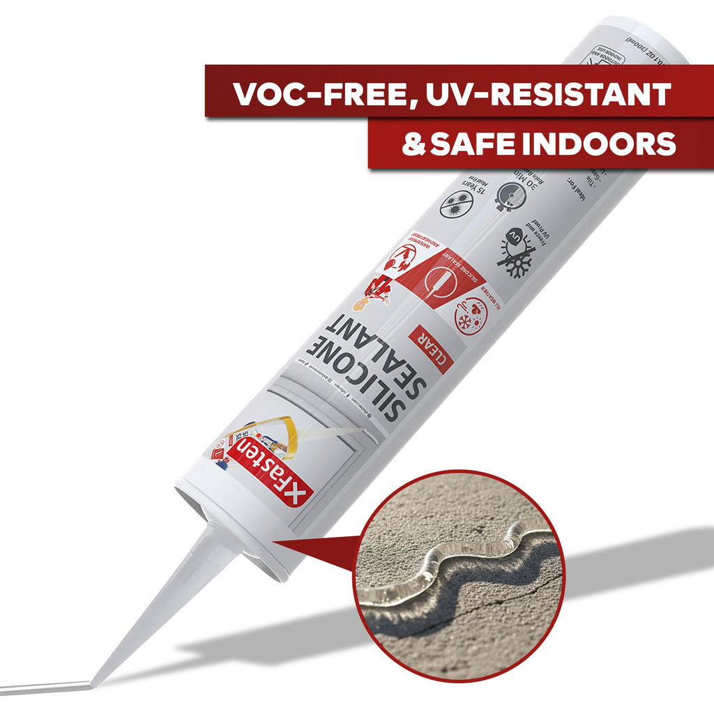XFasten Clear Silicone Caulk Neutral Cure 10.1 oz (10-Pack) 100% Waterproof Silicone Sealant, Crack and Shrink Resistant, Low Odor, Strong Adhesion Caulking for Kitchen Bath Window Shower Outdoor Use