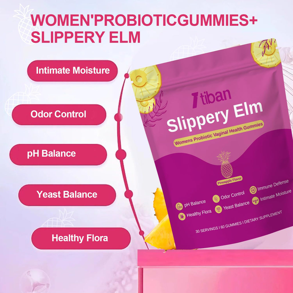 Itiban Slippery Elm Feminine Probiotic Moisture Gummies, pH Balance, Vaginal Flora, Odor Health with Bacillus coagulans, Delicious Pineapple Flavor, 60 Count