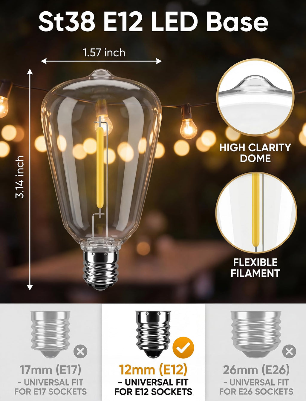Konictom ST38 E12 LED Replacement Bulbs for Outdoor String Lights, 25 Pack 0.6W 120V Shatterproof Plastic Edison Bulbs, 2700K Warm White, 43LM IP65 Waterproof Dimmable Patio Light Bulbs