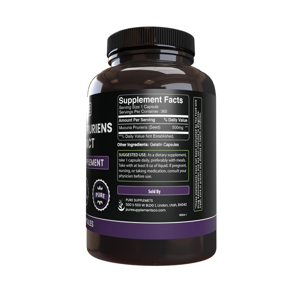 Pure Original Ingredients Mucuna Pruriens (365 Capsules) No Magnesium Or Rice Fillers, Always Pure, Lab Verified