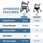 HOMLAND Foldable Rollator Walkers with Seat for Seniors, 8'' Big Wheels, 350 lb. Weight Capacity, Adjustable Handles and Seat Height, Lightweight Rolling Walker, Purple