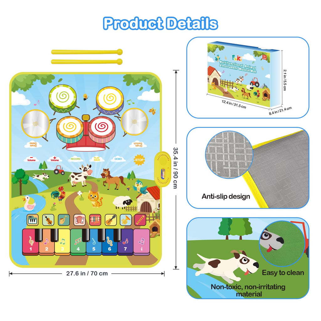 Foki 3-in-1 Musical Mats, Child Floor Piano Drum Animal Music Play Mat Montessori Sensory Early Educational Musical Learning Toys for Baby Girls Boys Birthday Toddlers 1-5 Years Old