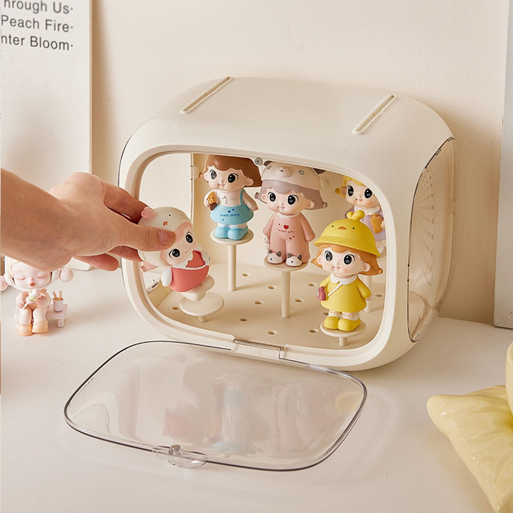 Display case for Figures with Light Adjustable Display Stand Clear Acrylic Display Box with Door Dust and Moisture Proof Suitable for Lego Collectibles Action Figures Pop Mart (Cream)