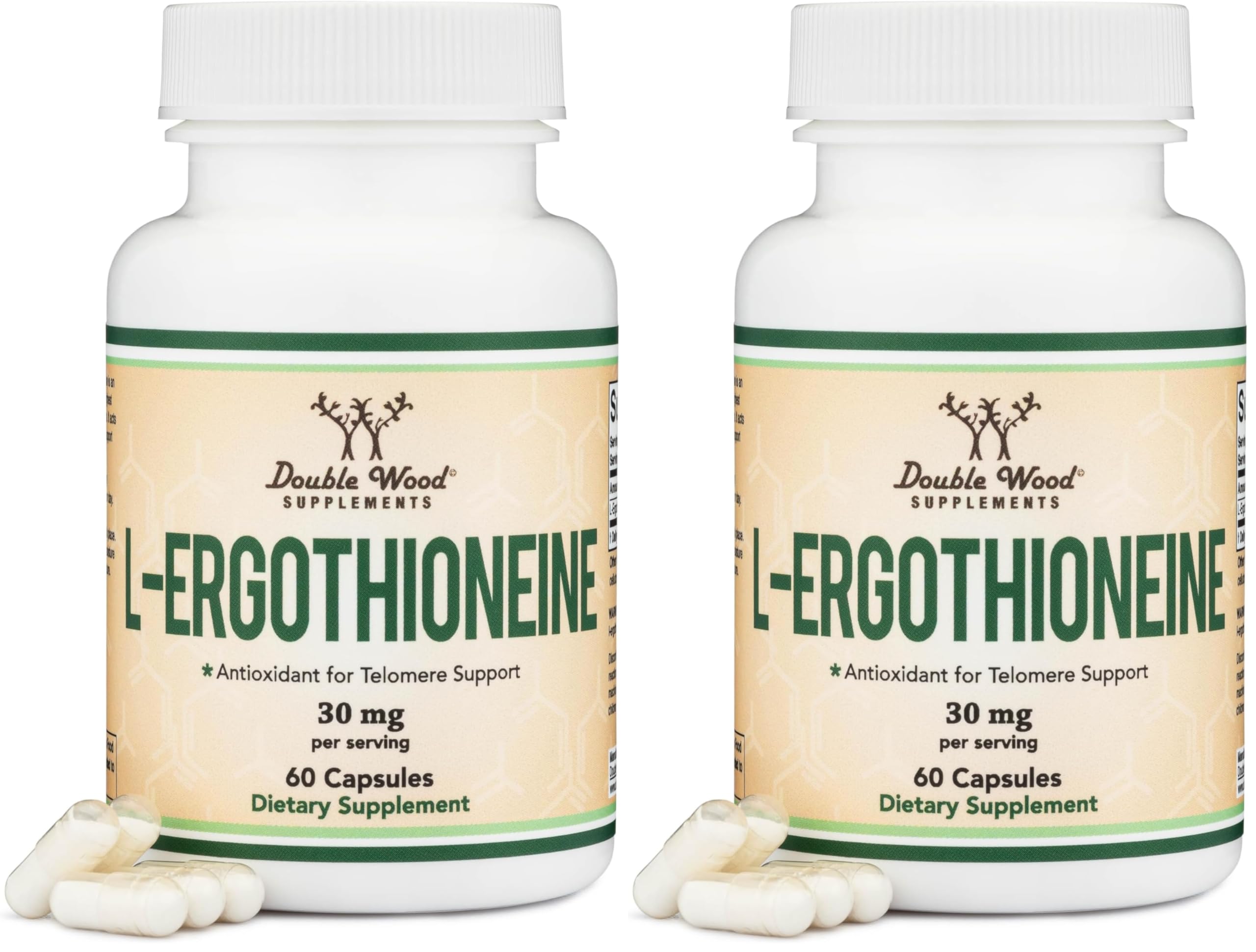 Ergothioneine Supplement (EGT) 30mg of Pure, Plant-Based L-Ergothioneine Per Capsule, 60 Count (May Support Longevity and Healthy Aging) Non-GMO, Gluten Free, Vegan Safe by Double Wood (Pack of 2)
