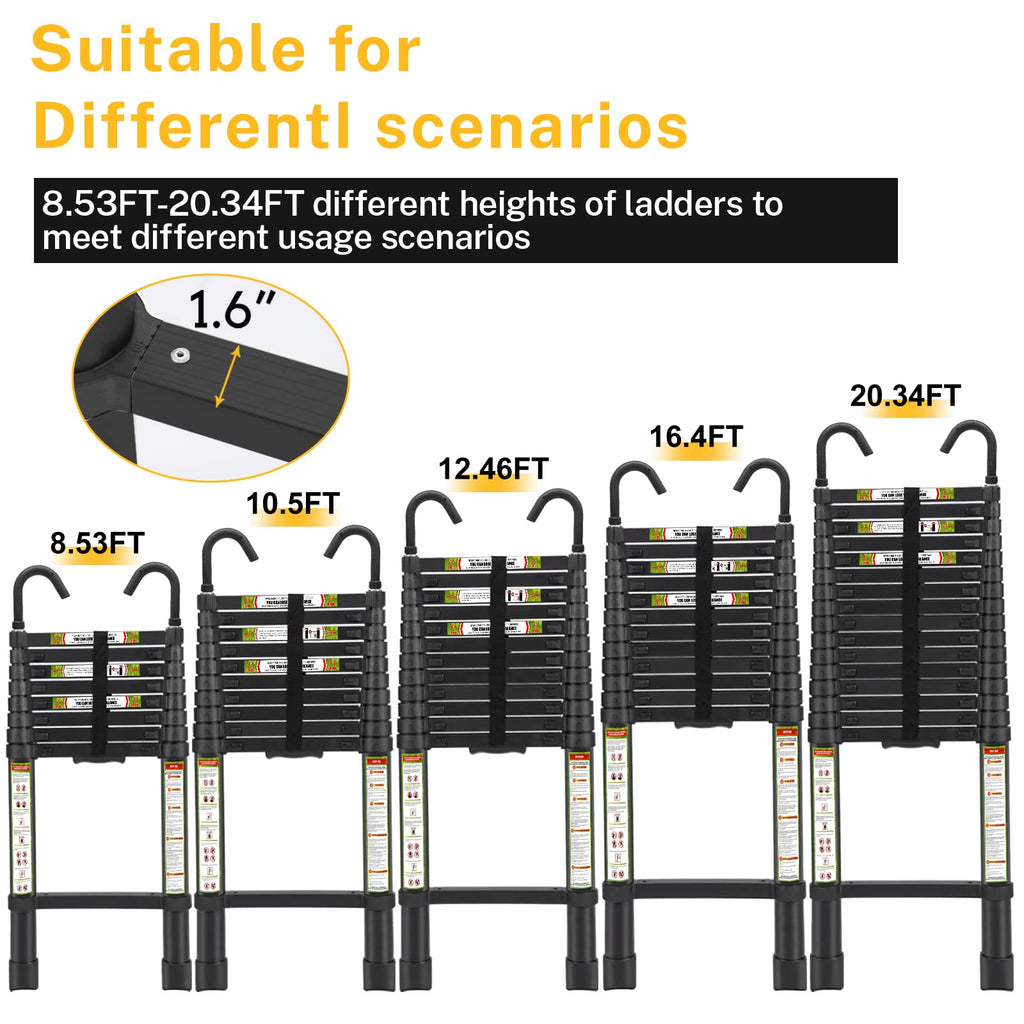 RIKADE Telescopic Ladder, 16.5 ft Aluminum Telescoping Ladder with Non-Slip Feet and Stable Hook, Portable Extension Ladder for Household and Outdoor Working, Max Load 330 lb, Black