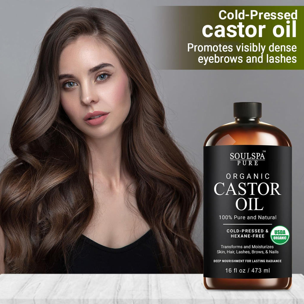 SOULSPA PURE Organic Castor Oil Glass Bottle for Hair Growth Face Scalp Skin USDA Certified 100% Pure Castor Oil Organic Glass Bottle