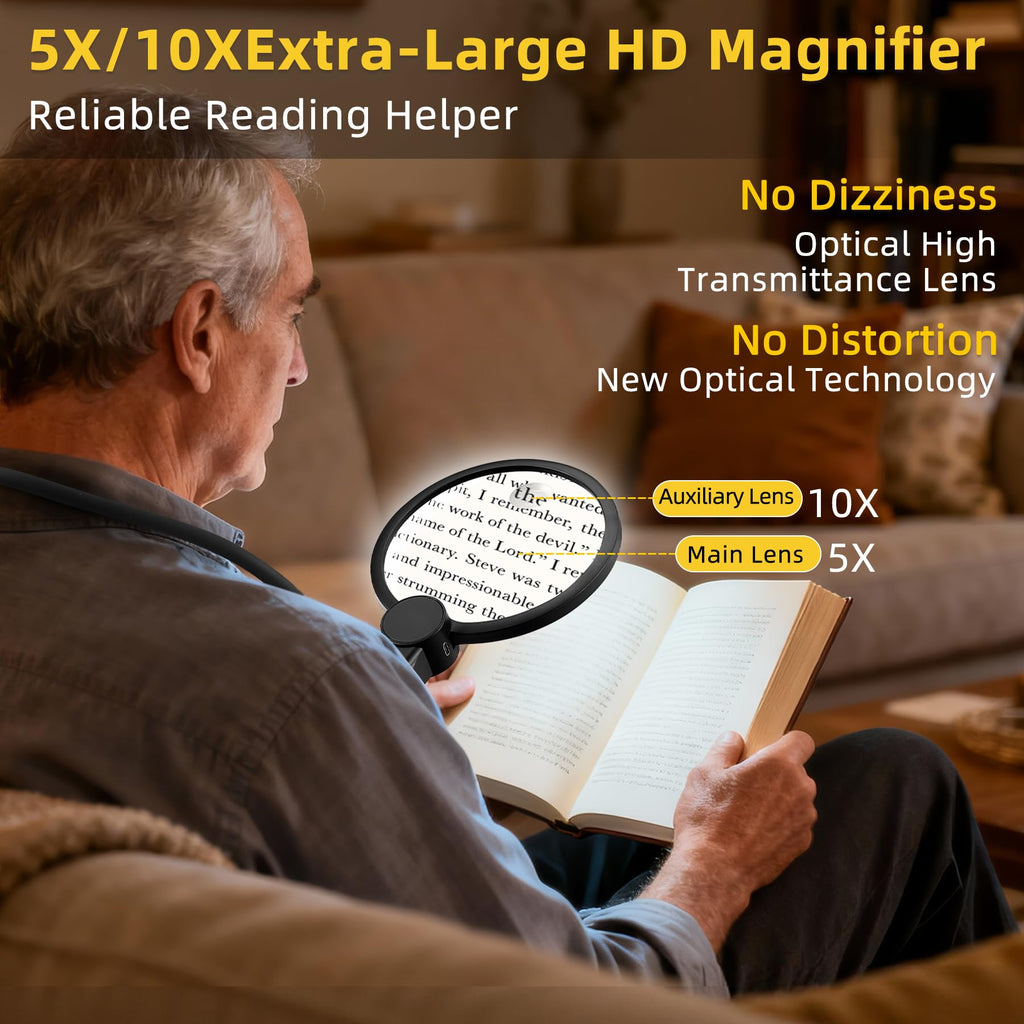 EVINYEP 2500mAh Magnifying Glass with Light, Upgrade LCD Display Screen 5X/10X Lighted Magnifier for Seniors & Low Vision, Hands Free Magnifier for Reading, Knitting, Cross Stitch & Crafts(Black)