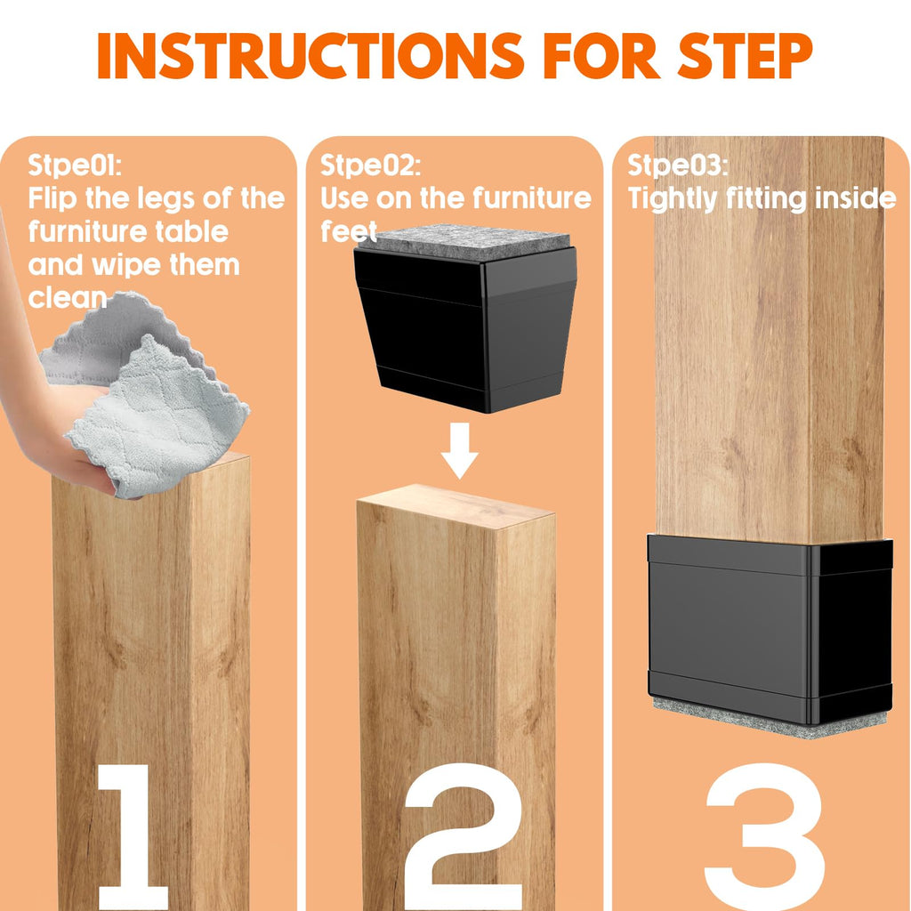 Rectangle Chair Leg Protectors for Hardwood Floors,16 PCS Silicone Covers to Protect Wood Tile Floors Felt Pads Furniture Leg Caps Reduce Noise. Easy to Move. (Black, 0.75 x 1 Inch,Rectangular)