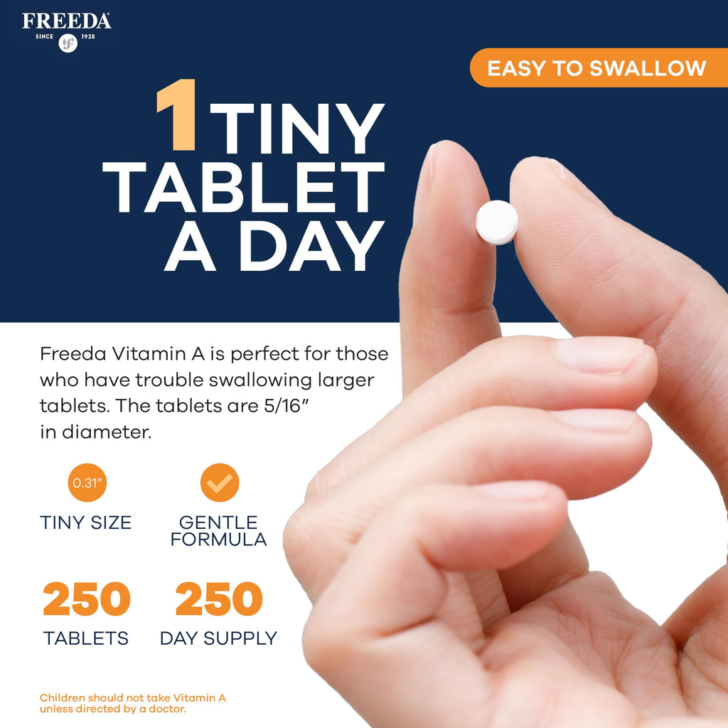 Freeda Vitamin A 15,000 IU – Retinyl Palmitate – Vegan, Kosher, No Fish – Eye, Vision, Immune & Skin Support – Tiny Easy-to-Swallow Tablets – VIT A Vitamina A Supplement – 250 Tablets