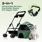 PUPIHOM Foldable pet Stroller for Cats with Detachable Weather Cover, 4 Wheels Pet Strolling Cart for Dogs and Cats with Storage Basket and Cup Holder（Green）