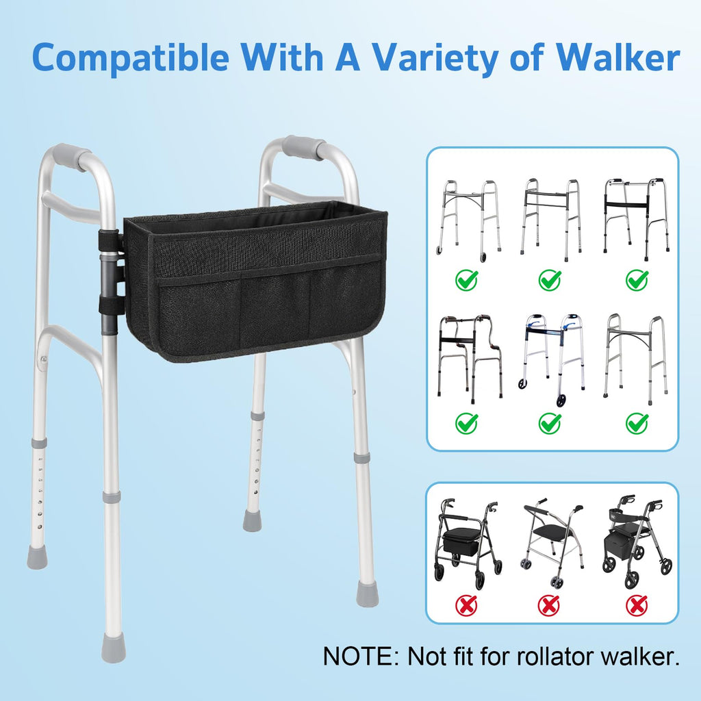 Walker Basket - Foldable Walker Bag with Cup Holder - Fits Folding Walkers - Ideal Walker Accessories for Seniors with Limited Mobility to Carry Water Bottles, Books, Essentials & More