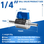 SKLSSVF 2 Pack 1/4" Hose ID Barb Mini Ball Valve, 304 Stainless Steel Small Shut Off Valve with Clamps Kit for Water Oil Gas (1/4 Inch)