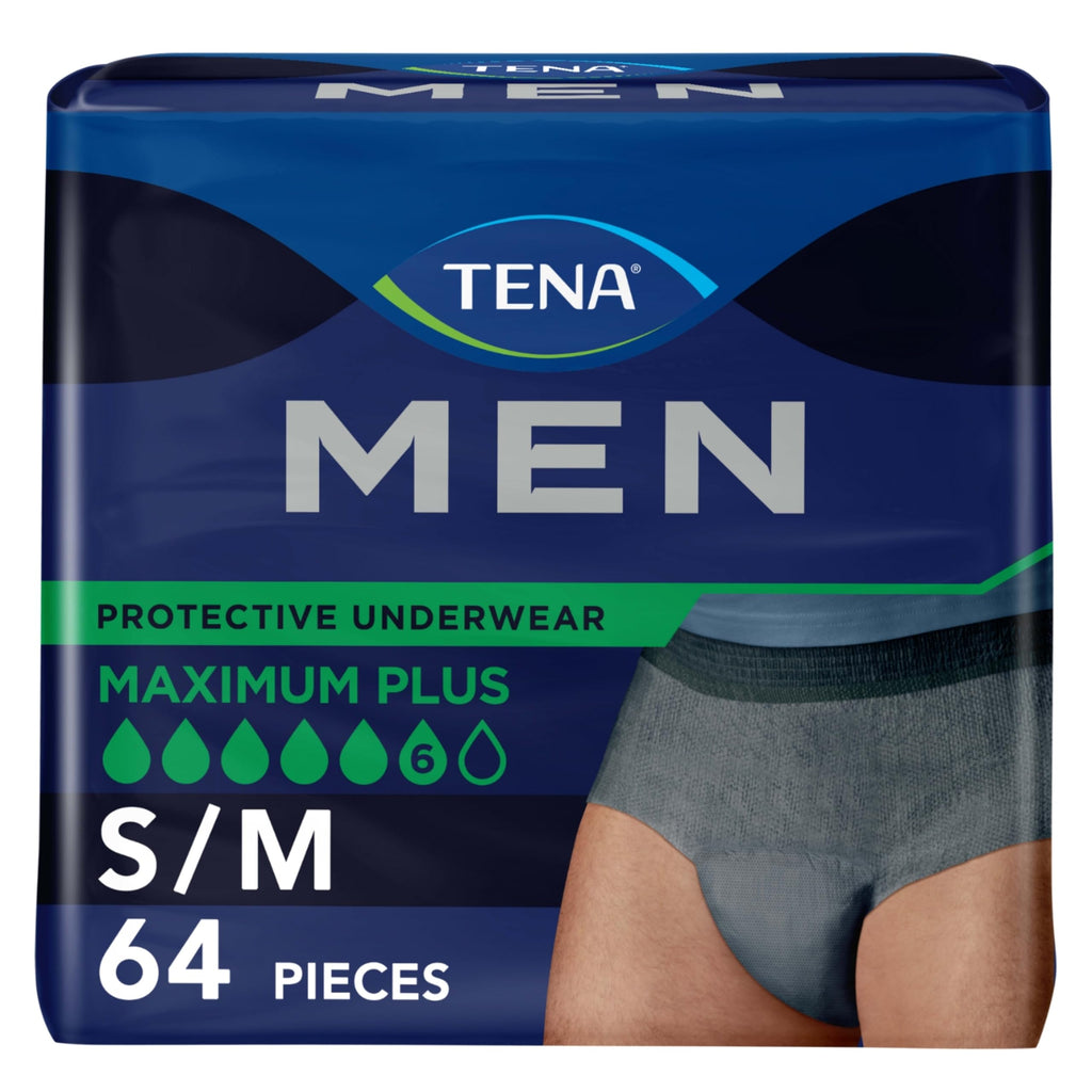 TENA Men Maximum Plus Incontinence Underwear, Bladder Control, S/M, 64 Count (Waist size 34in-50in)