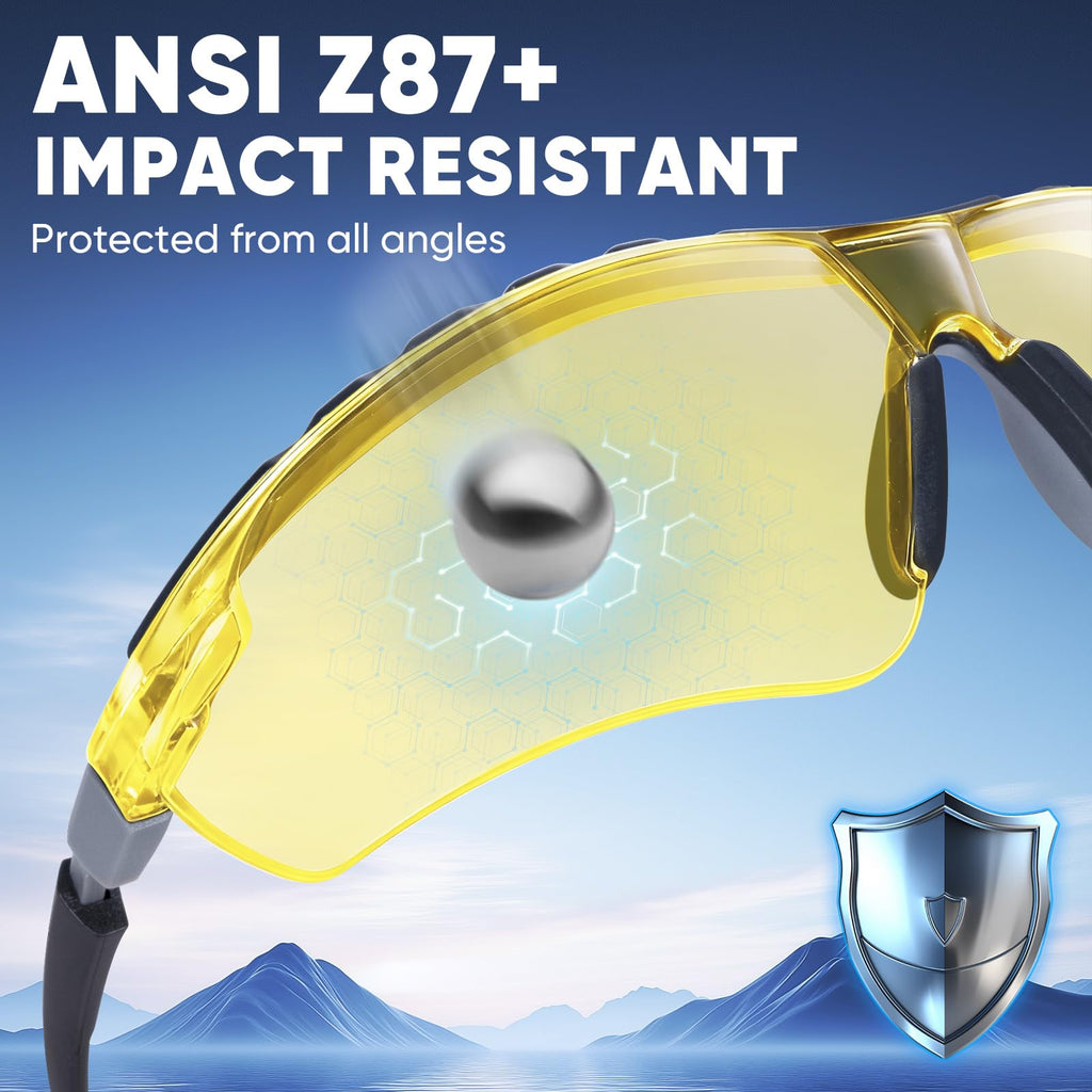 TICONN Anti-Fog Safety Glasses for Men and Women, ANSI Z87.1 Scratch Proof Eye Goggles with Adjustable Arms and UV Protection (Yellow, 1PK)