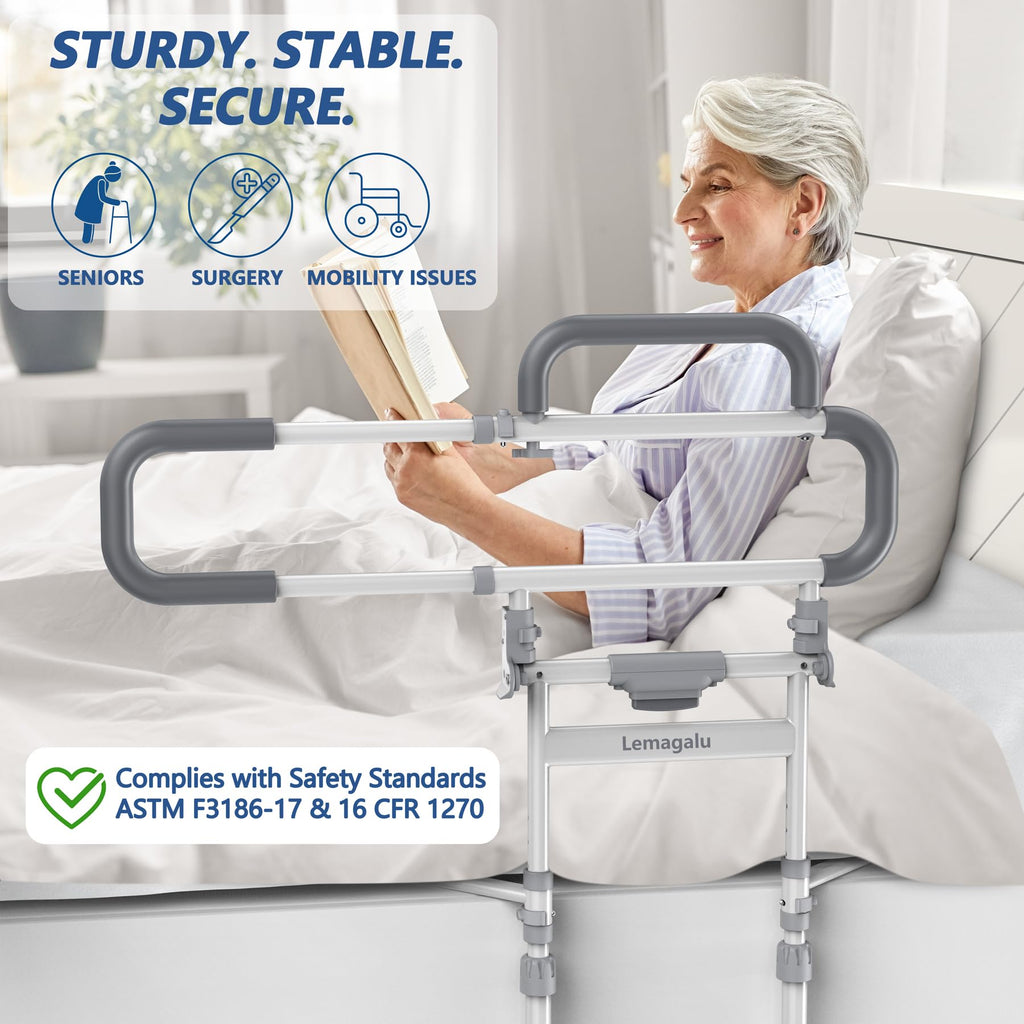 Heavy Duty Bed Rails for Elderly Adults Safety-Foldable Bed Rail for Senior with Adjustable Heights Fits All Bed Sizes，Bed Handle Bedside Assist with Pocket -504M (White and Gray)